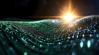 Futuristic digital landscape with glowing green grid waves and bright sunburst on horizon, representing technology, data, or virtual reality concept.
