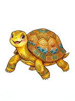 Cheerful golden tortoise with ornate patterned shell featuring geometric designs and floral motifs. Isolated character illustration on white background, ready for children's books, educational materials, and design projects.