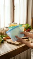 Hands holding colorful reusable silicone food storage bags in modern kitchen with fresh vegetables on wooden counter for eco-friendly meal prep.