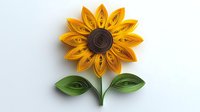 Paper quilled sunflower with bright yellow petals and green leaves on white background, handcrafted decorative art piece isolated for creative designs.