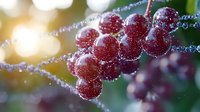 Fresh red currants covered in morning dew drops against blurred golden bokeh background, macro photography showing crystalline water droplets on ripe berries.