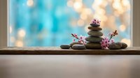 Zen stone stack with cherry blossoms on wooden surface near window with soft bokeh lights creating peaceful meditation atmosphere for wellness and relaxation.