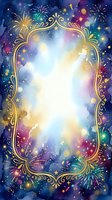 Ornate golden frame with luminous center surrounded by colorful fireworks, stars, and bokeh lights on deep blue watercolor background. Isolated design element for celebrations, invitations, and festive graphics.