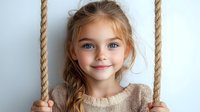 Young blonde girl with blue eyes smiling while holding rope swing indoors. Child portrait for family lifestyle and childhood happiness concepts.