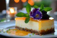 Slice of creamy cheesecake with caramel sauce, topped with fresh blackberries, mint leaves and edible purple pansy flower on white plate. Romantic bokeh background.