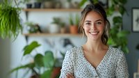 Young Caucasian woman in polka dot dress smiling at home with houseplants and green decor. Natural light interior with cozy atmosphere for lifestyle and wellness blogs.