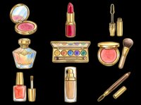 Cosmetic makeup products collection isolated on transparent background, including lipstick, mascara, eyeshadow palette, blush, nail polish, perfume and brushes. Ready for t-shirt design, clipart, stickers and print-on-demand projects.