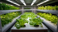 Modern hydroponic farm with rows of fresh green lettuce and herbs growing under LED lights in controlled indoor environment for sustainable agriculture.