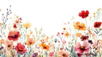 Delicate watercolor wildflowers in red, orange and pink hues with gentle green stems and leaves create romantic floral composition on white background. For wedding design.