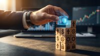 Businessman hand placing security shield icon on wooden blocks with financial symbols and trading chart background for investment protection concept.