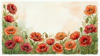 Watercolor poppy flowers frame border with empty center space for text. Floral botanical illustration with red orange blooms and green leaves on textured paper.