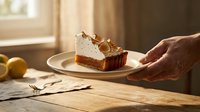 Hand holding a plate with a slice of lemon meringue tart on a rustic wooden table, warm natural light, homemade dessert concept.