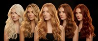 Five women showcasing gradient hair color transformation from platinum blonde to deep auburn red against dark background for salon services.