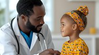 African American male doctor in white coat and stethoscope examining young girl patient wearing bright yellow patterned dress and matching headscarf during pediatric checkup consultation.