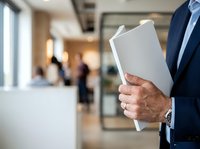 Mature male professional in business suit holding tablet device in modern office lobby with colleagues in background, corporate workplace environment.