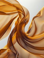 Flowing golden and amber silk fabric waves gracefully against white background, creating elegant swirling patterns. Suitable for luxury branding, fashion design, cosmetics packaging, and premium product backgrounds.