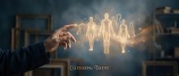 Businessman hand gesturing toward glowing human figures representing team growth, talent development, and workforce management for corporate training and recruitment concepts.