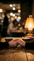 Couple holding hands at cozy cafe table with warm lamp light and bokeh background creating intimate romantic atmosphere for date night.