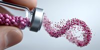 Pink medicine pills spilling from glass bottle in dynamic swirl pattern against light background, creating flowing motion effect for pharmaceutical concept.