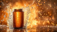 Cold aluminum can with water splash against golden bokeh background, dynamic beverage advertising composition.