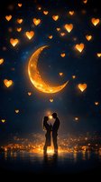 Romantic couple silhouette standing in water under glowing crescent moon and floating heart lights against starry night sky and illuminated city background.