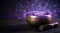 Tibetan singing bowl with purple energy swirls and magical light effects on dark wooden surface for meditation and spiritual healing practices.