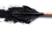 Black feather with dramatic ink splash effect on white background, artistic macro photography showing detailed texture and contrast for creative design projects.