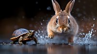 Curious brown rabbit meeting small turtle in water splash setting with magical bokeh lights and dark background, creating whimsical nature encounter moment.