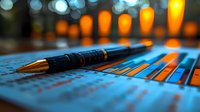 Fountain pen resting on financial chart with orange and blue bar graphs, bokeh lights background, business analysis and planning concept.