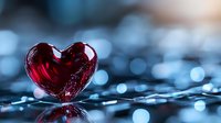 Red glass heart on reflective surface with blue bokeh lights background creates romantic atmosphere. Suitable for Valentine's Day designs and love themes.