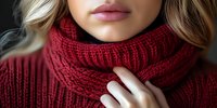 Close up portrait of young woman with blonde wavy hair wearing burgundy knitted turtleneck sweater, holding collar near face showing pink glossy lips and natural makeup.