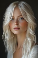 Young Caucasian woman with platinum blonde wavy hair, natural freckles, and blue eyes against dark background. Soft beauty portrait showcasing natural makeup and glowing skin.