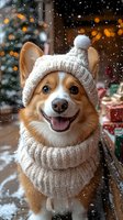 Happy Pembroke Welsh Corgi wearing white knitted winter hat and scarf during snowfall with festive bokeh lights and Christmas decorations in background.