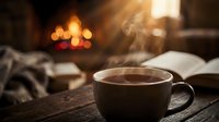 Steaming cup of hot coffee on wooden table with open book and warm fireplace bokeh lights in cozy home setting for relaxation.
