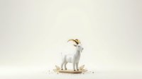 White goat with golden horns standing on decorative base with dried botanicals, isolated on neutral background for design projects and commercial use.