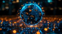 Glowing digital Earth hologram with network connections and light particles floating on reflective surface against dark background with bokeh effects.