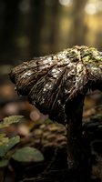 Weathered tree stump covered with green moss in forest setting with warm sunlight filtering through blurred background creating natural woodland atmosphere.