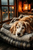 Cozy spaniel dog resting on soft blanket by fireplace window with warm golden light creating peaceful winter evening atmosphere for home comfort concepts.