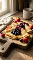 Delicious homemade crepes with fresh berries and jam on rustic wooden board, morning sunlight streaming through window creating cozy breakfast atmosphere.