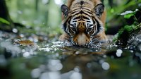 Bengal tiger drinking water from stream, close up portrait showing intense eyes and reflection. Natural habitat scene with blurred green foliage background.
