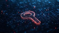 Glowing digital key symbol on dark technology grid background with particles, representing cybersecurity and data access in modern digital world.