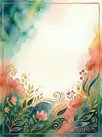 Watercolor floral frame with gold accents, pink flowers, teal leaves, and copy space for wedding, greeting card, or invitation design.