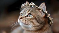 Adorable tabby cat wearing delicate floral crown with white flowers, looking up with bright blue eyes against blurred background. Perfect for pet photography and social media.