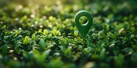 Green location pin marker emerging from lush green foliage background with soft bokeh effect, representing eco-friendly navigation and sustainable tourism concept.