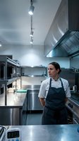 Female chef in white uniform and dark apron standing in modern commercial kitchen with stainless steel equipment and professional lighting for culinary business.
