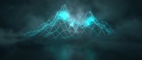 Glowing turquoise wireframe mountains with luminous peaks against dark stormy sky, suitable for tech, data visualization, and digital design projects.