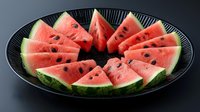 Fresh watermelon slices arranged on black plate showing juicy red flesh and seeds, healthy summer fruit snack for refreshing nutrition and hydration.
