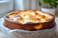 Homemade cheesecake with golden brown top and creamy filling on parchment paper, fresh from oven showing characteristic cracks and caramelized surface.