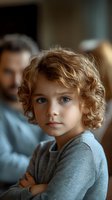Young child with curly blonde hair and blue eyes wearing gray sweater in soft natural lighting, emotional portrait with blurred adult figure in background.