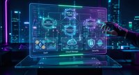 Futuristic holographic interface with glowing data visualization and network connections on transparent screen against neon cityscape background.